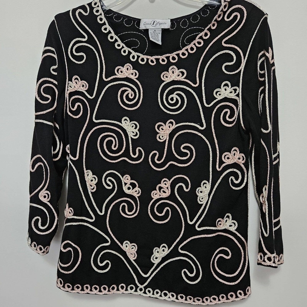 Once Again Beautiful Embellished Black Knit Sweater 3/4 Sleeve Sz M. LN